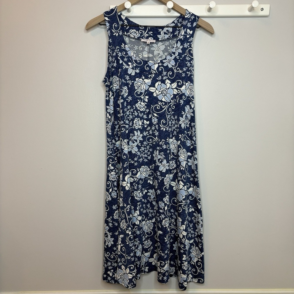 Stretchy Sleeveless Tank Dress Medium Blue Flow‎ Beach Coastal Floral Grannycore